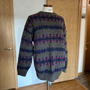 Vintage 90s Wool Oversized Grandpa Men's Sweater with Gray Purple Pattern A1